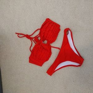 Fredricks of Hollywood Ladies Size Small Red 2 Piece Bikini Padded Bra Ruffles